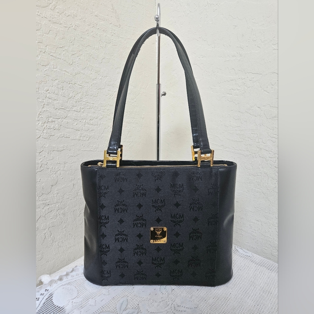 MCM Black Nylon Leather Shoulder Tote Bag AUTHENTIC
